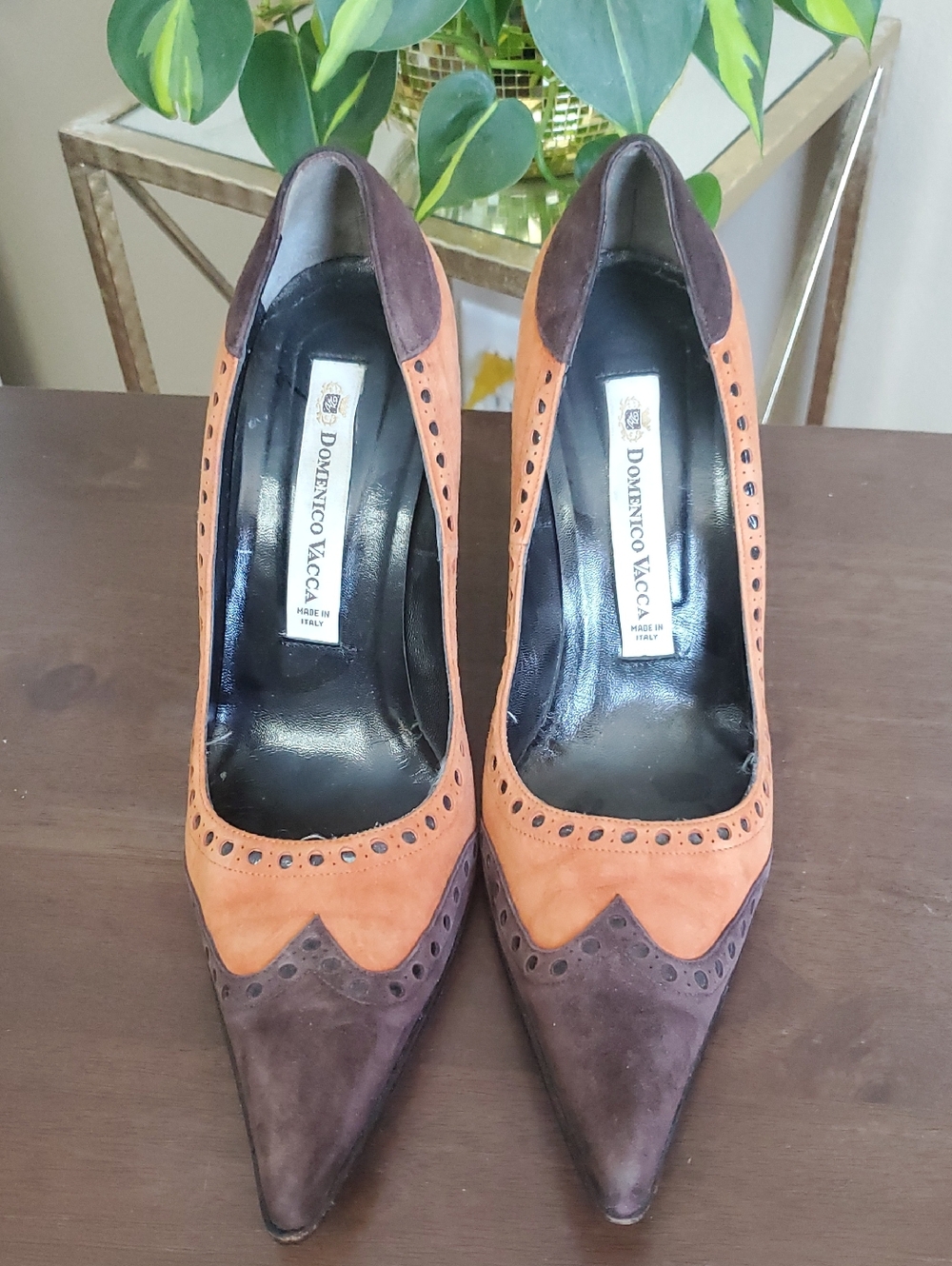 Domenico Vacca Italian Made Two-Tone Suede Pointed Toe Pumps in Brown & Orange